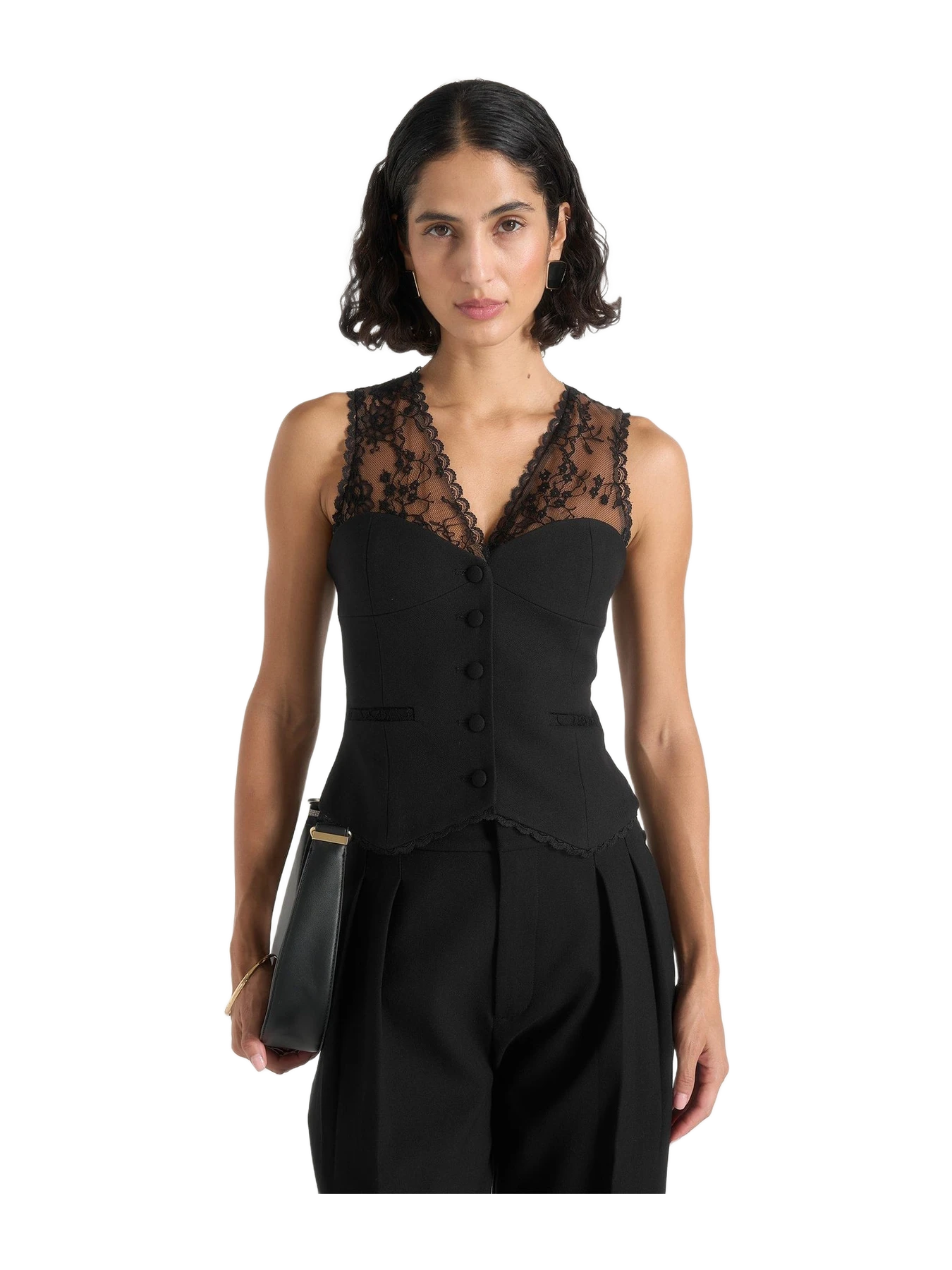 Manière de Voir Veronica - Lace Tailored Wool-Blend Corset Waistcoat - Black