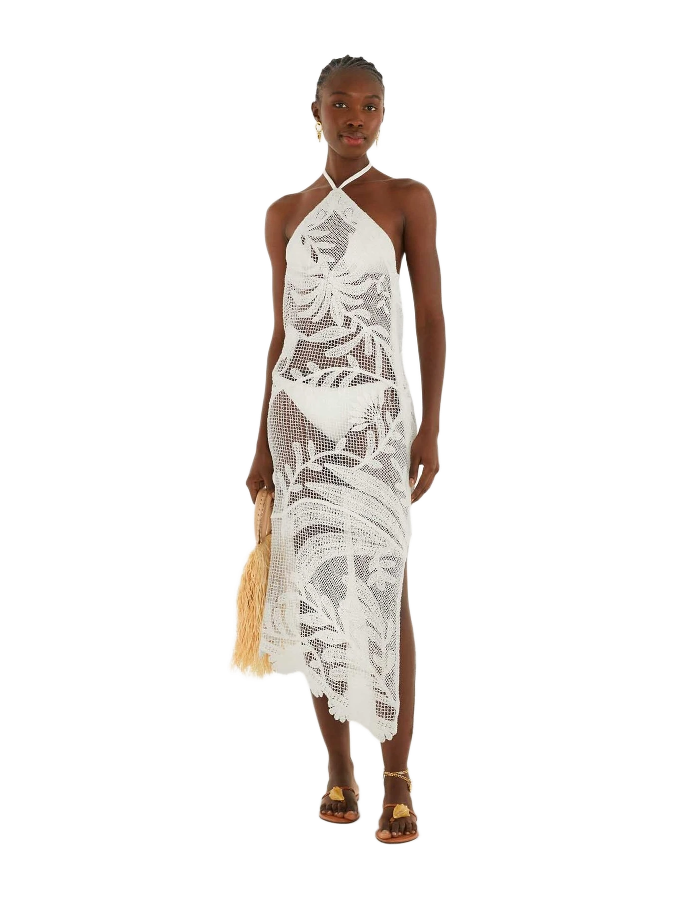 Farm Rio White Crochet Halter Neck Sheer Midi Dress
