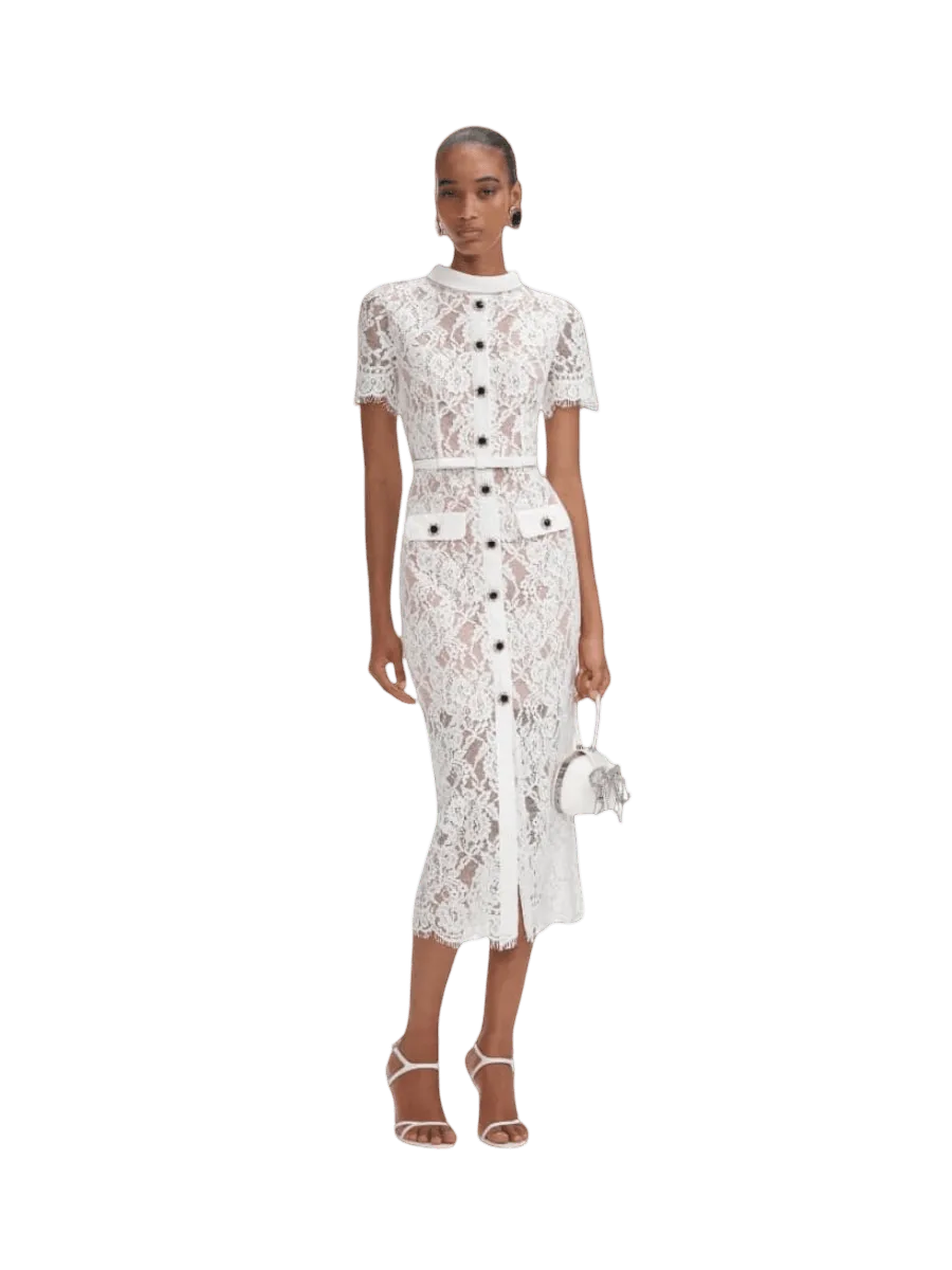 Self-Portrait White Lace Button Midi Dress
