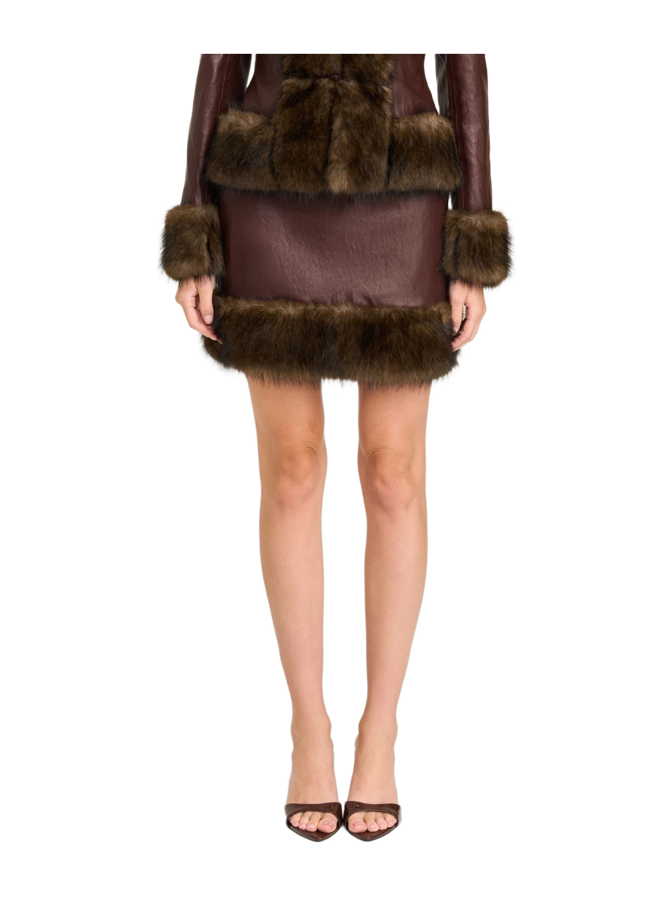 WAYF Lola Mercer Faux Fur Trim Faux Leather Miniskirt