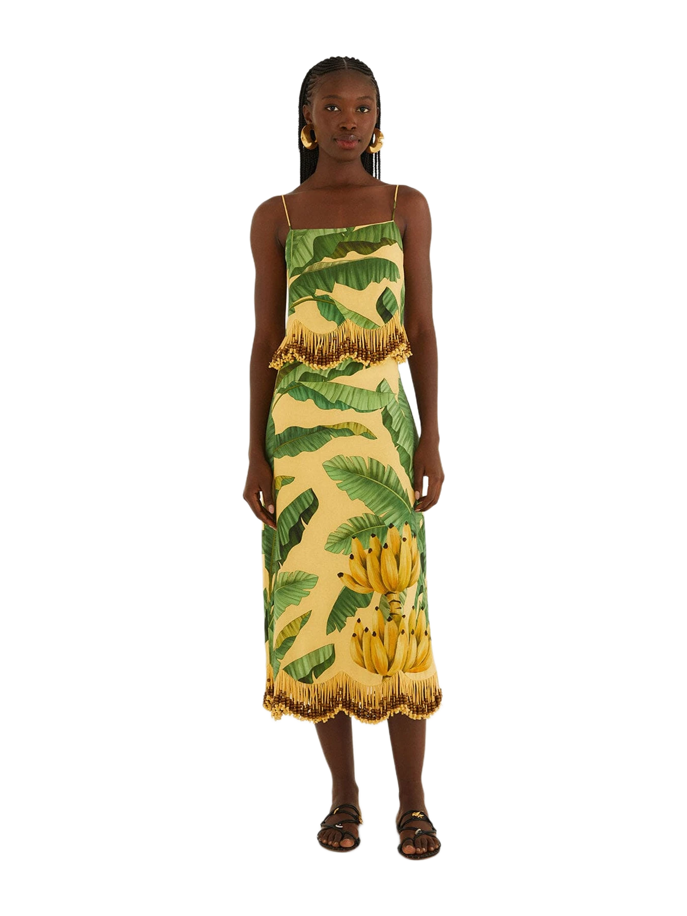 Farm Rio Yellow Fruit Leaves Banana Beaded Fringes Maxi Skirt
