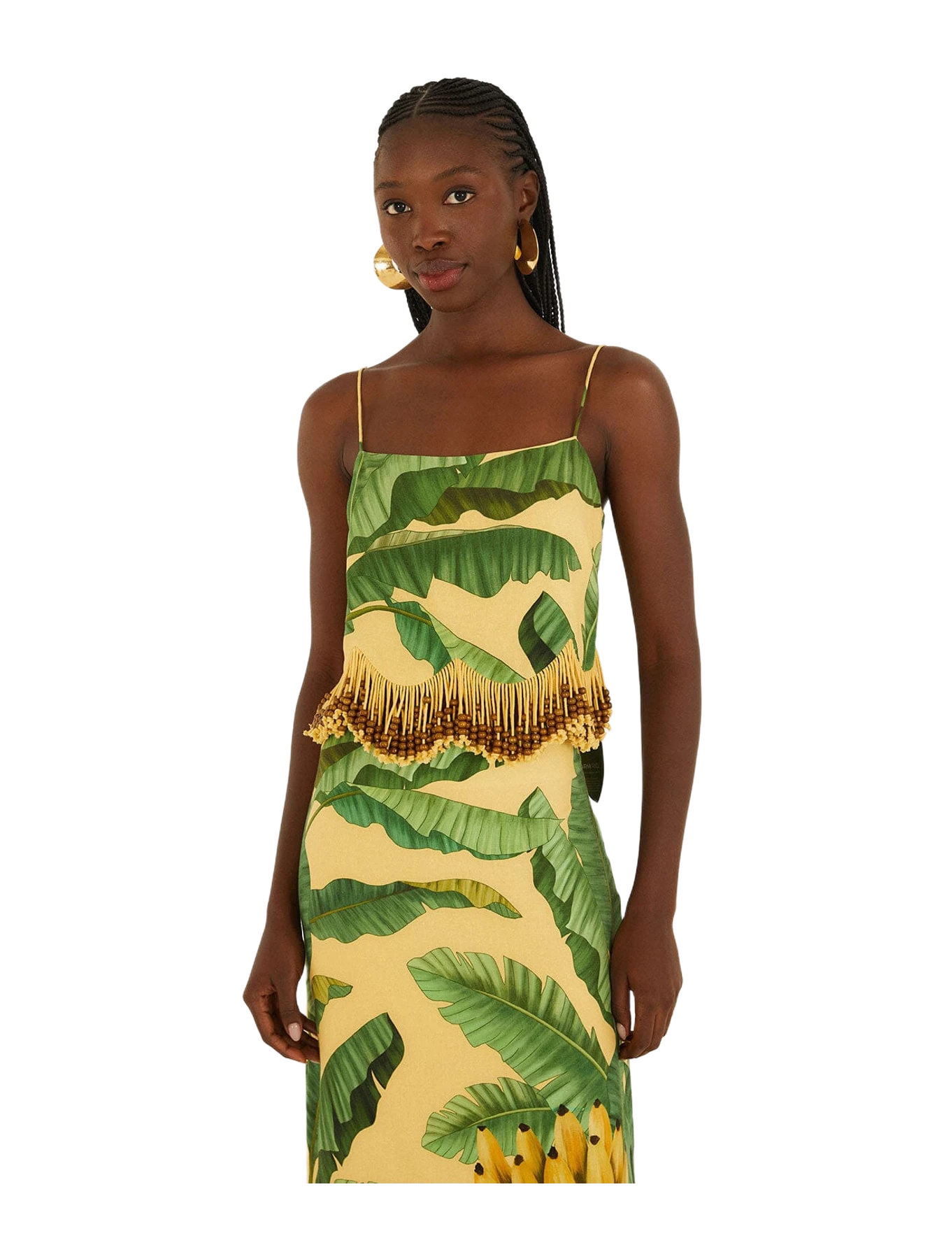 Farm Rio Yellow Fruit Leaves Banana Beaded Fringes Sleeveless Top