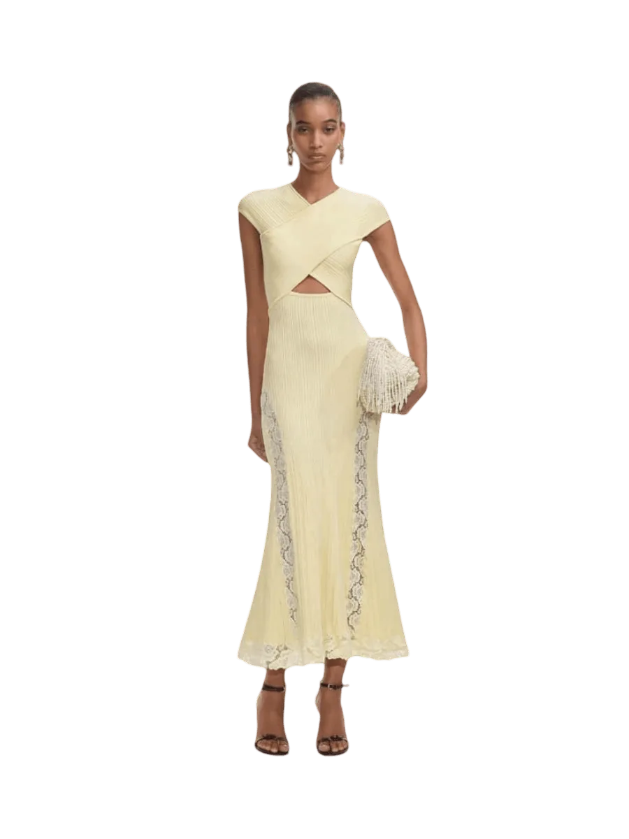 Self-Portrait Yellow Knit Lace Insert Midi Dress