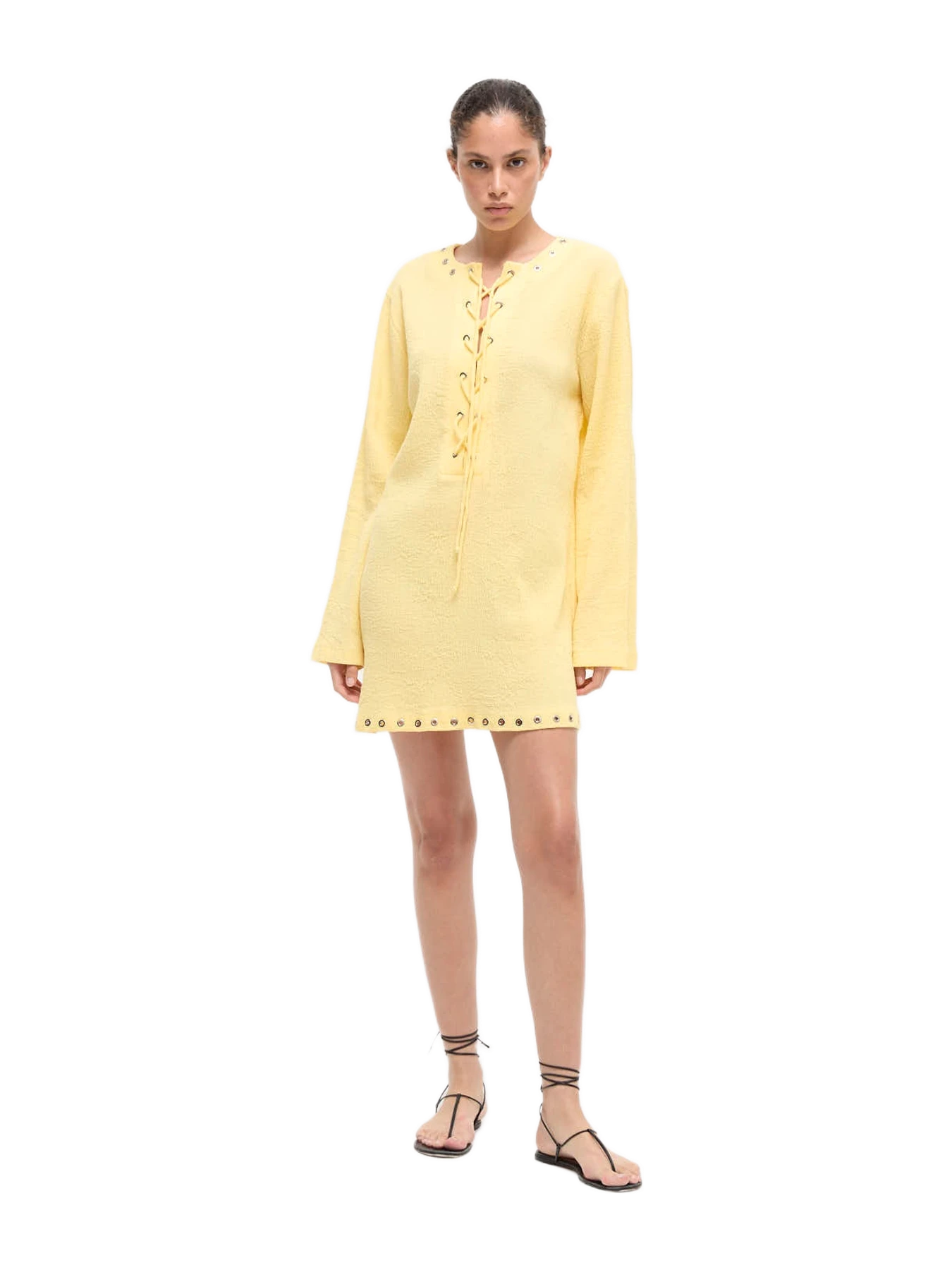 Anim Yuki Crinkled Pale Yellow Dress With Drawstring Detail On The Front