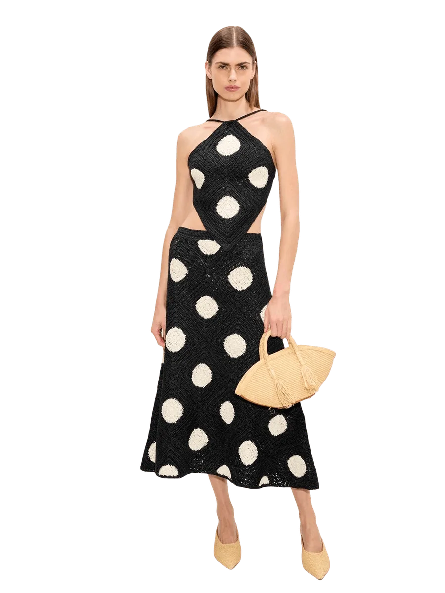 Simon Miller Zorah Crochet Skirt In Black/Macadamia Polka Dot