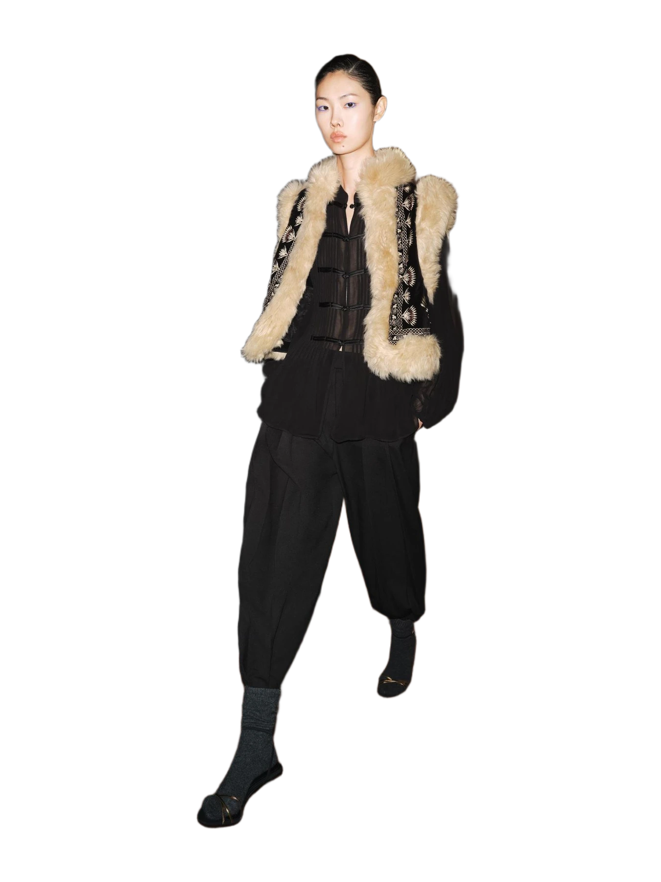 Zara Zw Collection Faux Fur Collar Embroidered Vest
